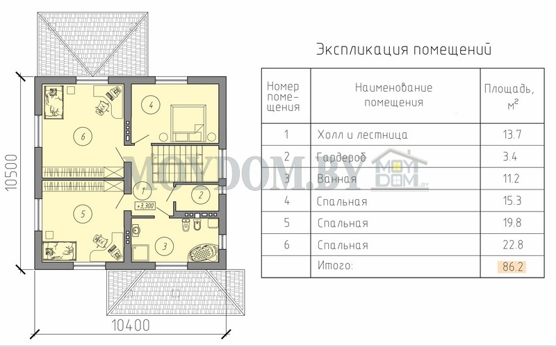план второго этажа дома с 3 спальнями и большой ванной комнатой