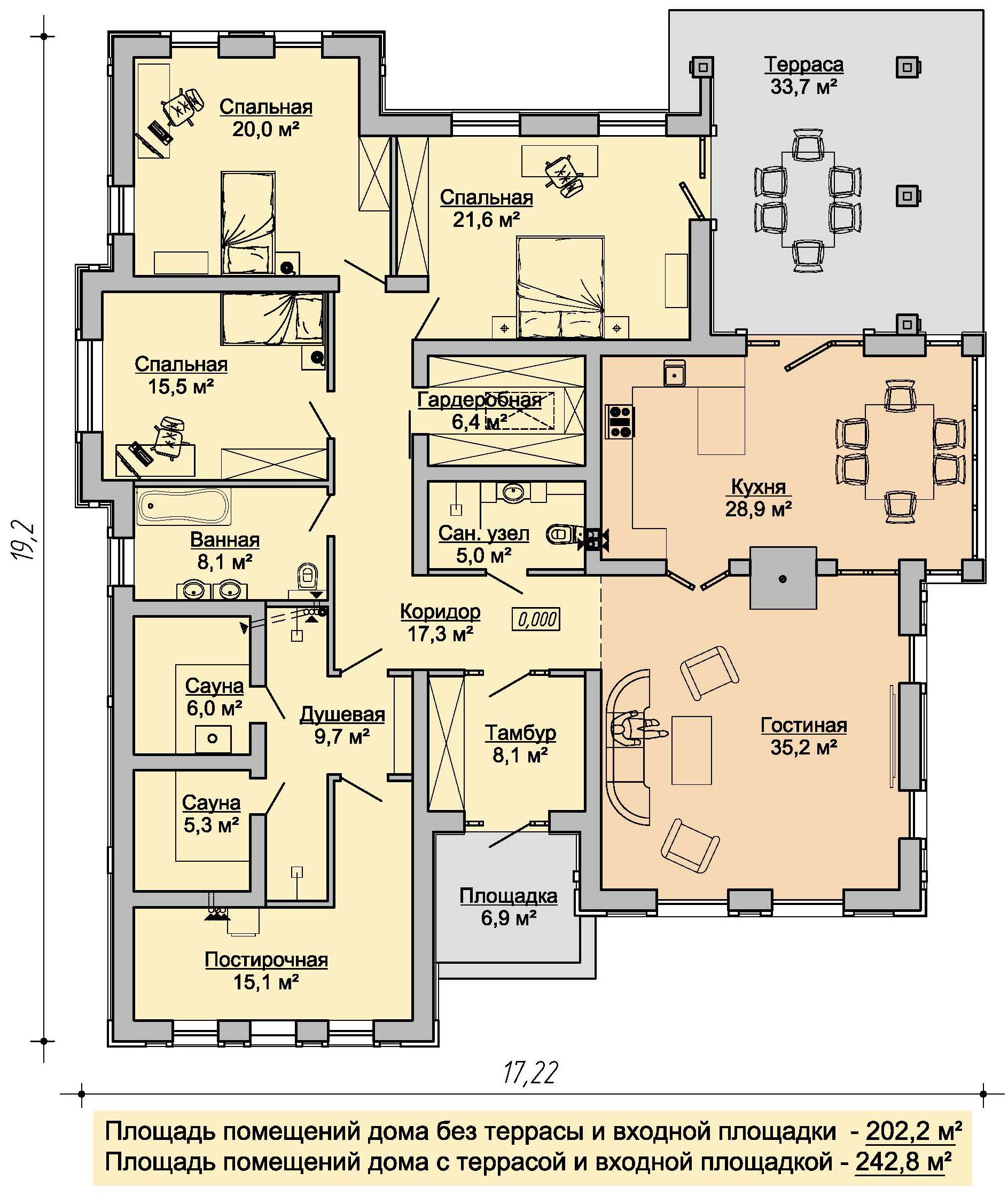 план дома 17 на 19 одноэтажного дома в классическом стиле