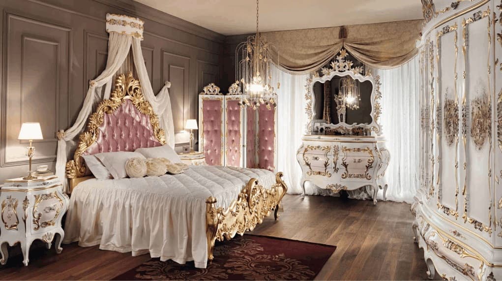дизайн-проект спальной в нежно-розовых тонах борокко