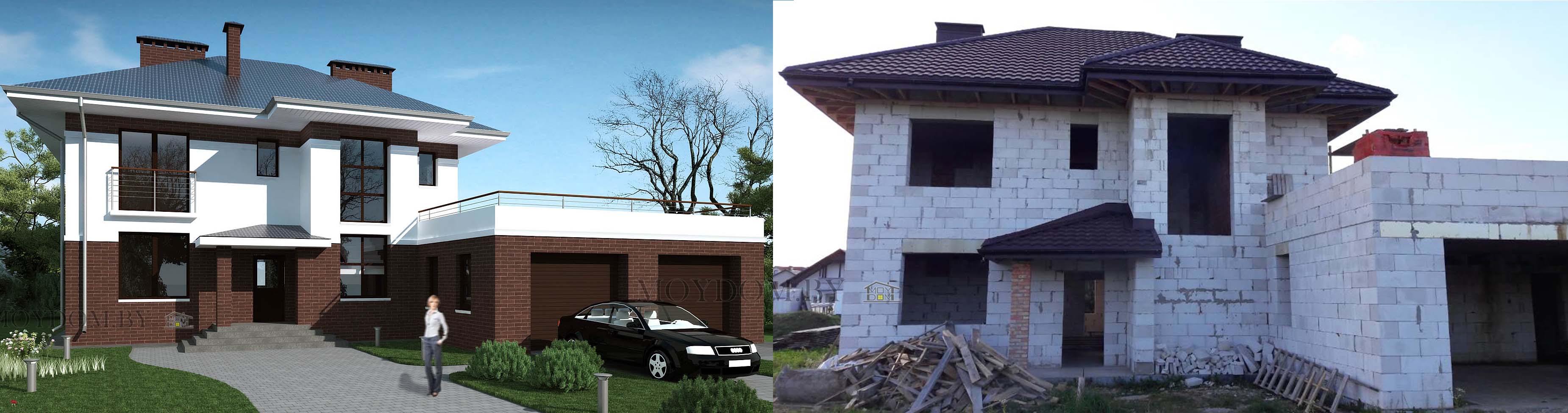 проект респектабельного двухэтажного дома с гаражом на две машины