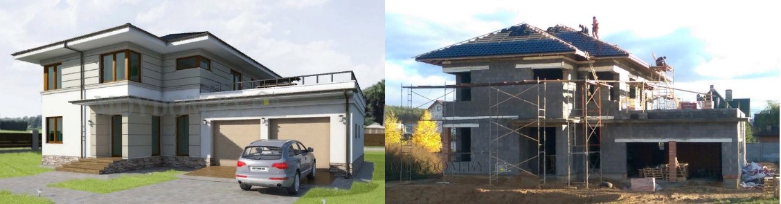 проект современного двухэтажного дома с гаражом на две машины 300 м.кв