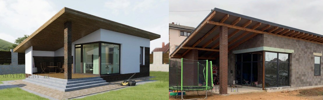 Проект и снимок готового современного дома-бани