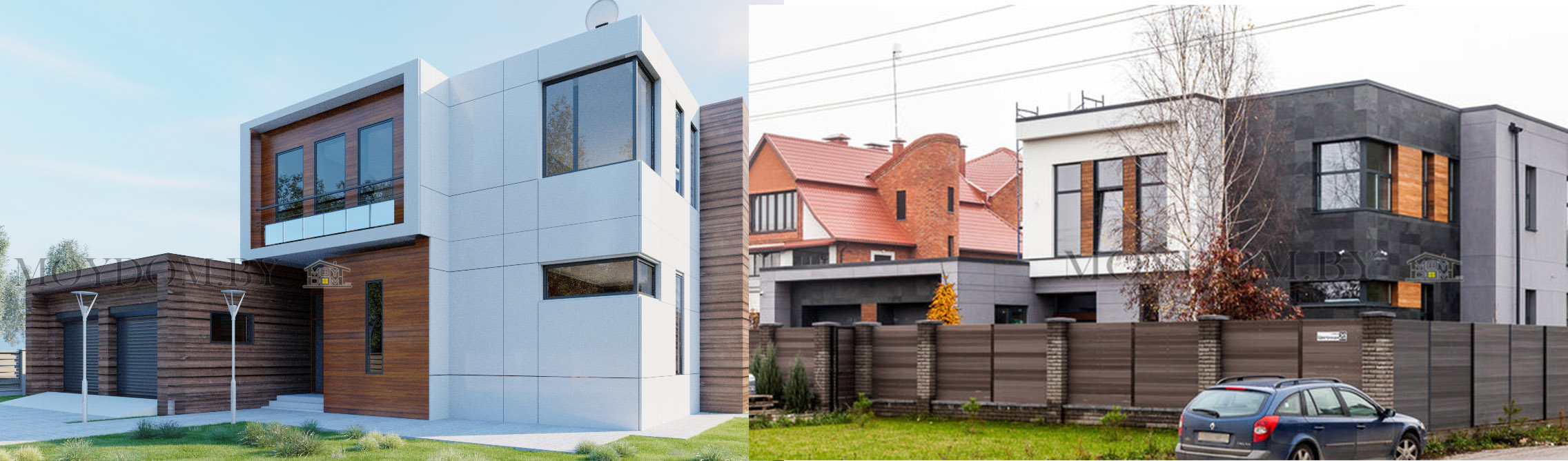 Проект и снимок построенного двухэтажного дома в стиле хай-тек с панорамными окнами