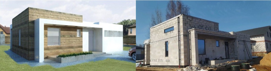 проект и фото готового одноэтажного дома с плоской кровлей и террасами