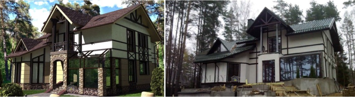 проект  и фото готового дома с подвалом в загородном стиле фахверк 