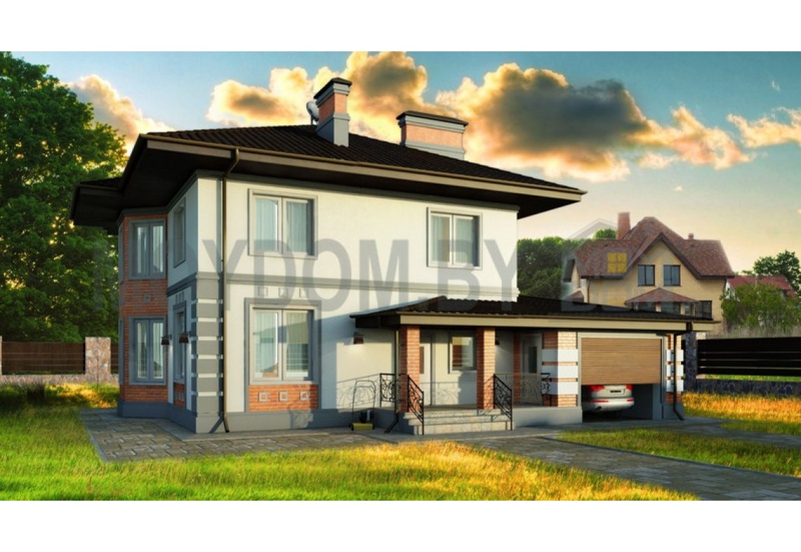 фото двухэтажного дома с гаражом, террасой, четырёхскатной кровлей, эркером 170 м.кв.